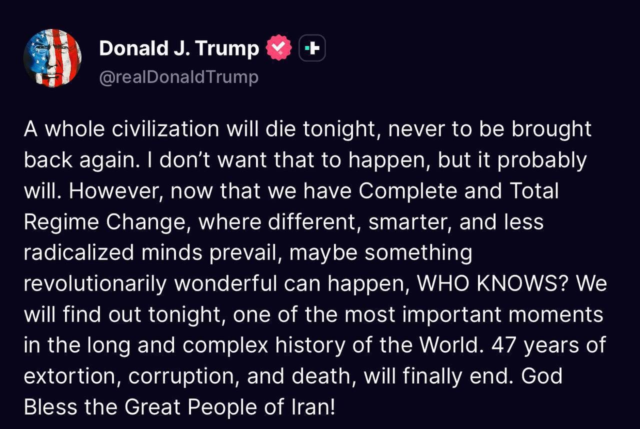 ترامب يتحدث عن «لحظة من أهم اللحظات في تاريخ العالم» ويقول إن «حضارة كاملة» قد تموت الليلة